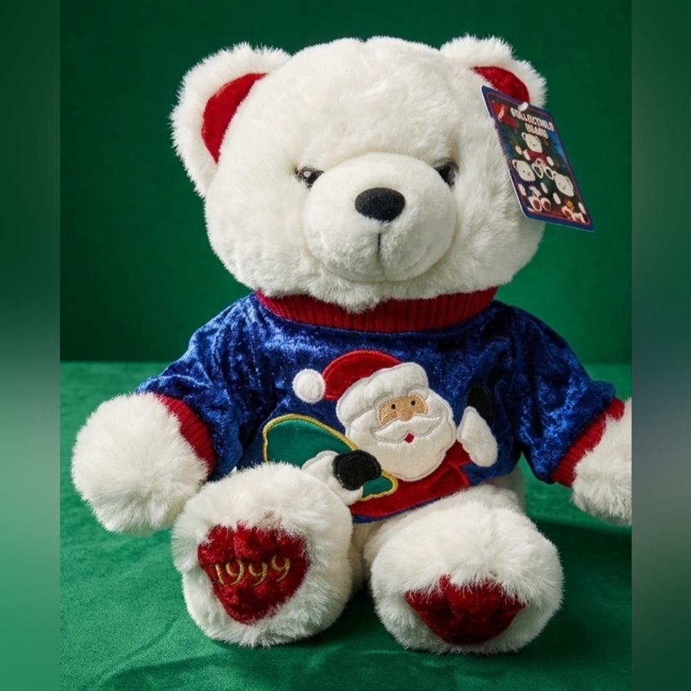 Vintage 1999 Kmart Collectible Christmas WhiteTeddy Bear w/Colorful Sweater NWT